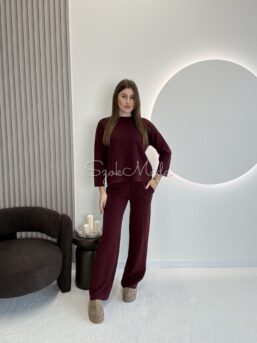 KOMPLET DZIANINOWY SWETER + SPODNIE PROSTA NOGAWKA BURGUND