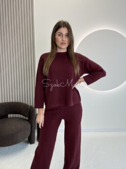 KOMPLET DZIANINOWY SWETER + SPODNIE PROSTA NOGAWKA BURGUND