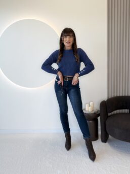 SPODNIE CIEMNY JEANS MOM FIT + PASEK – M’SARA